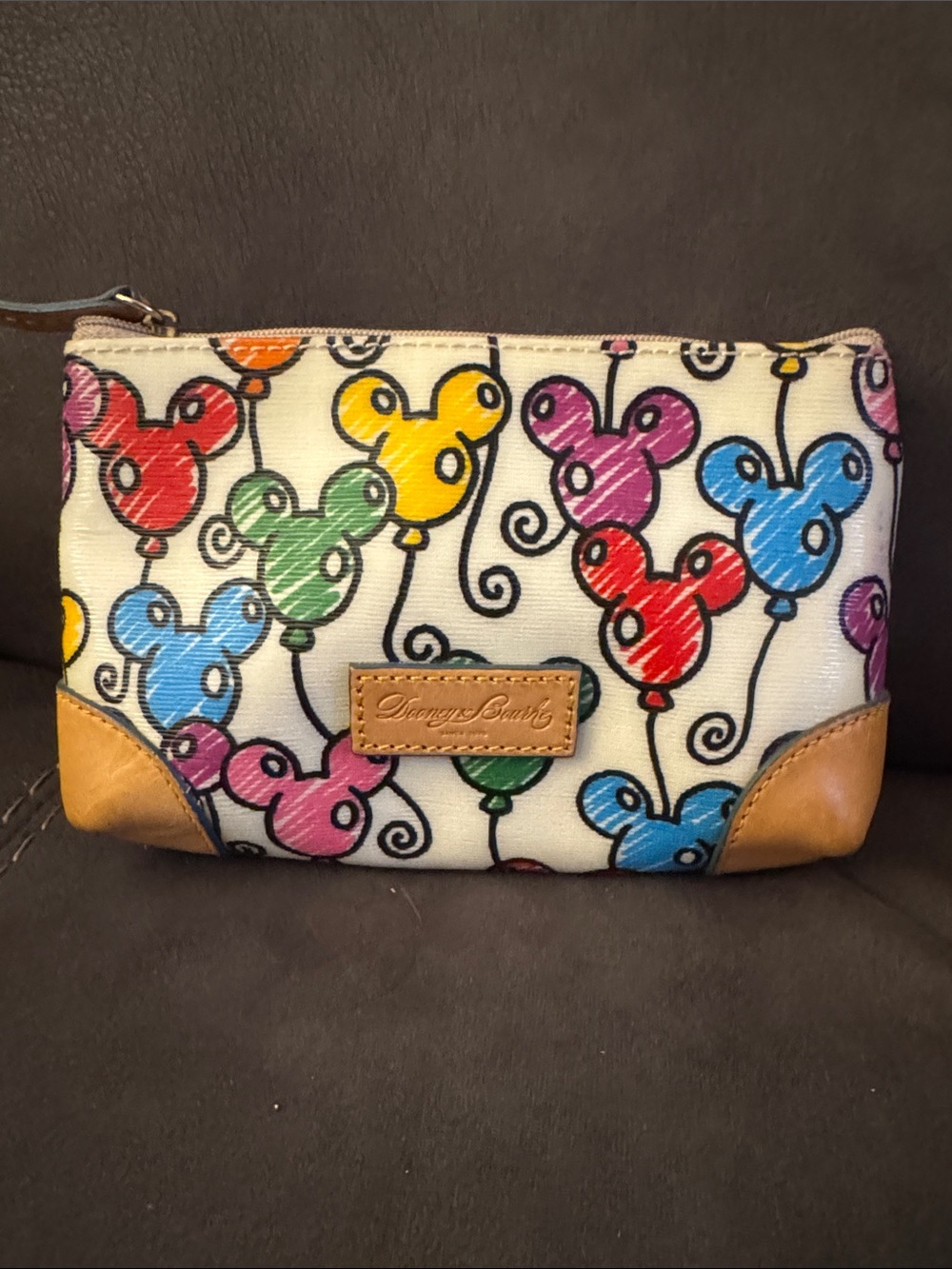 Dooney & Bourke Multicolor Balloon Print Cosmetic Pouch with Tan Accents
